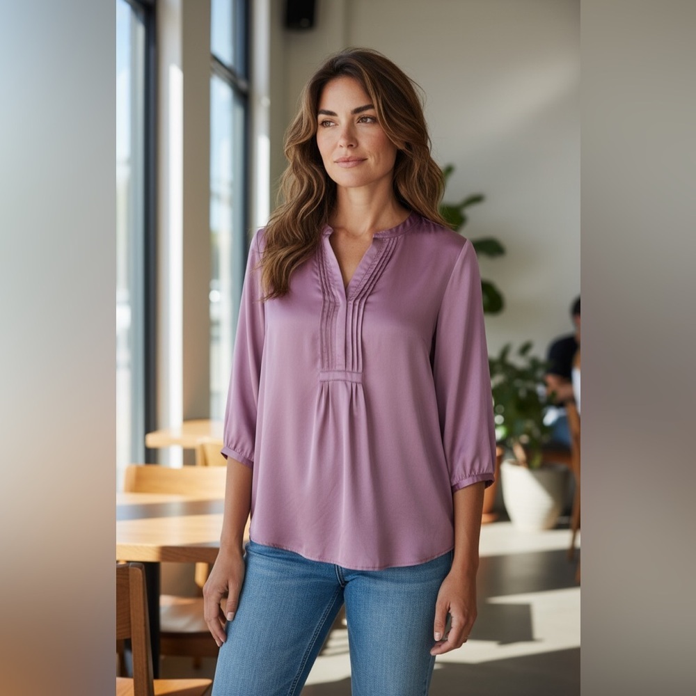 Garnet Hill Silk Pintuck Blouse Mauve Pink 3/4 Sleeve Lightweight Mature